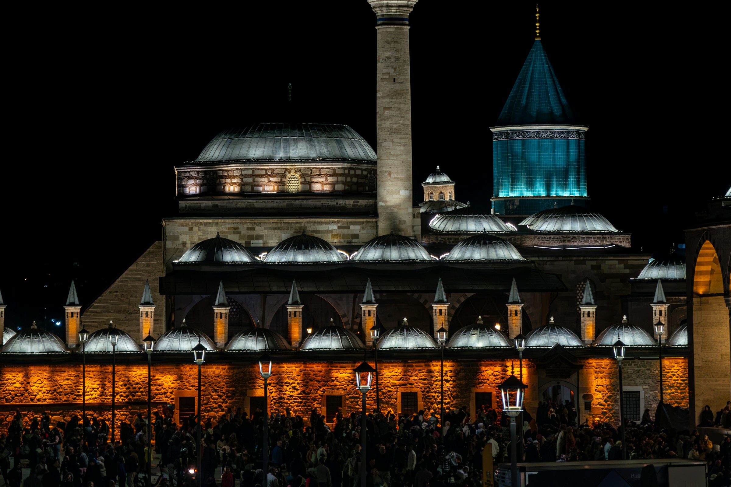 Mevlana Museum illuminated at night in Konya